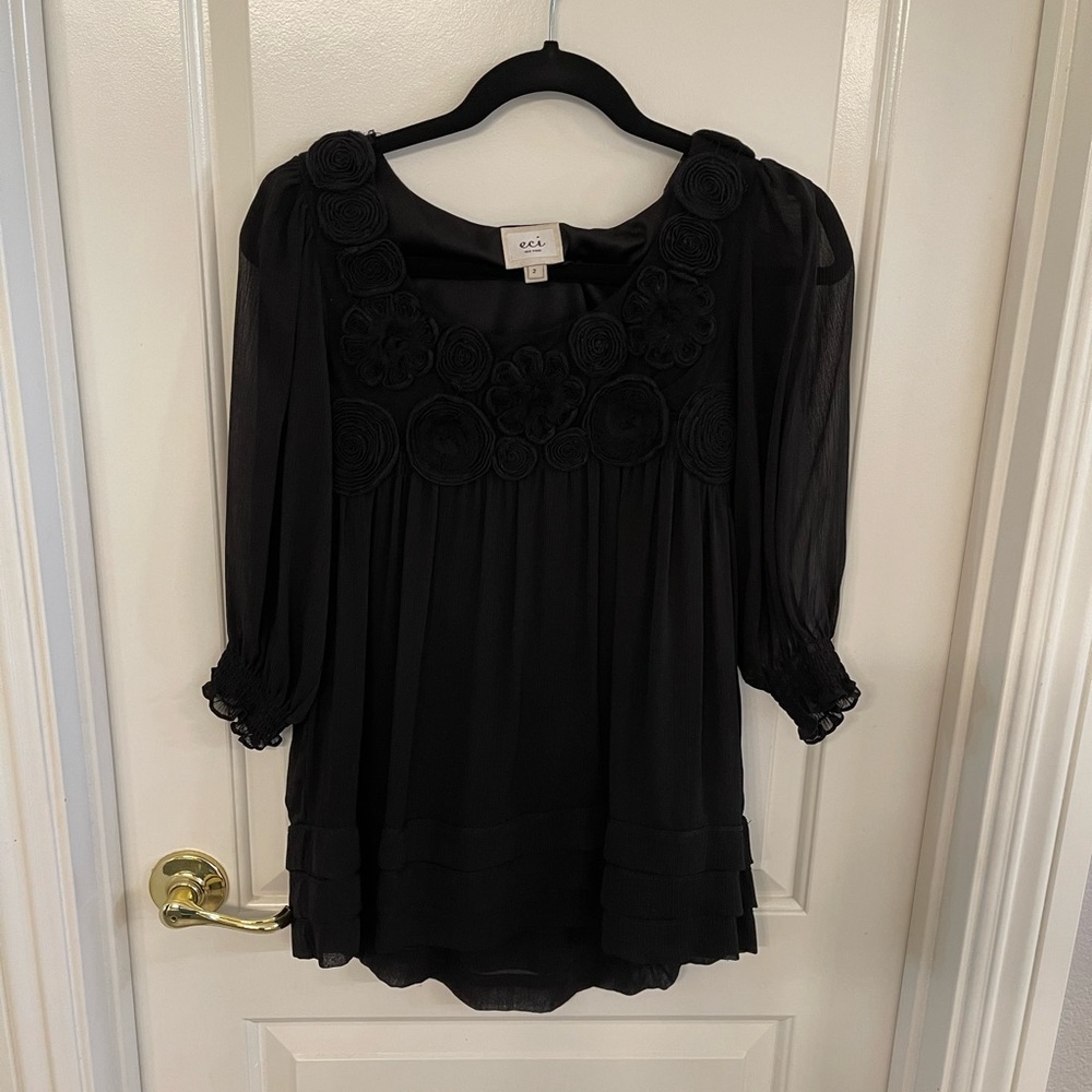 Eci Black Flower Rose Chiffon Blouse